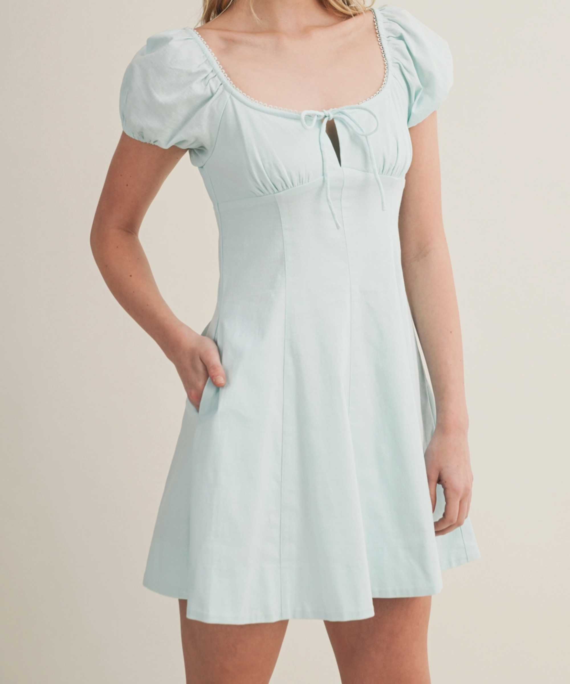 Picot Trim Puff Sleeve Dress