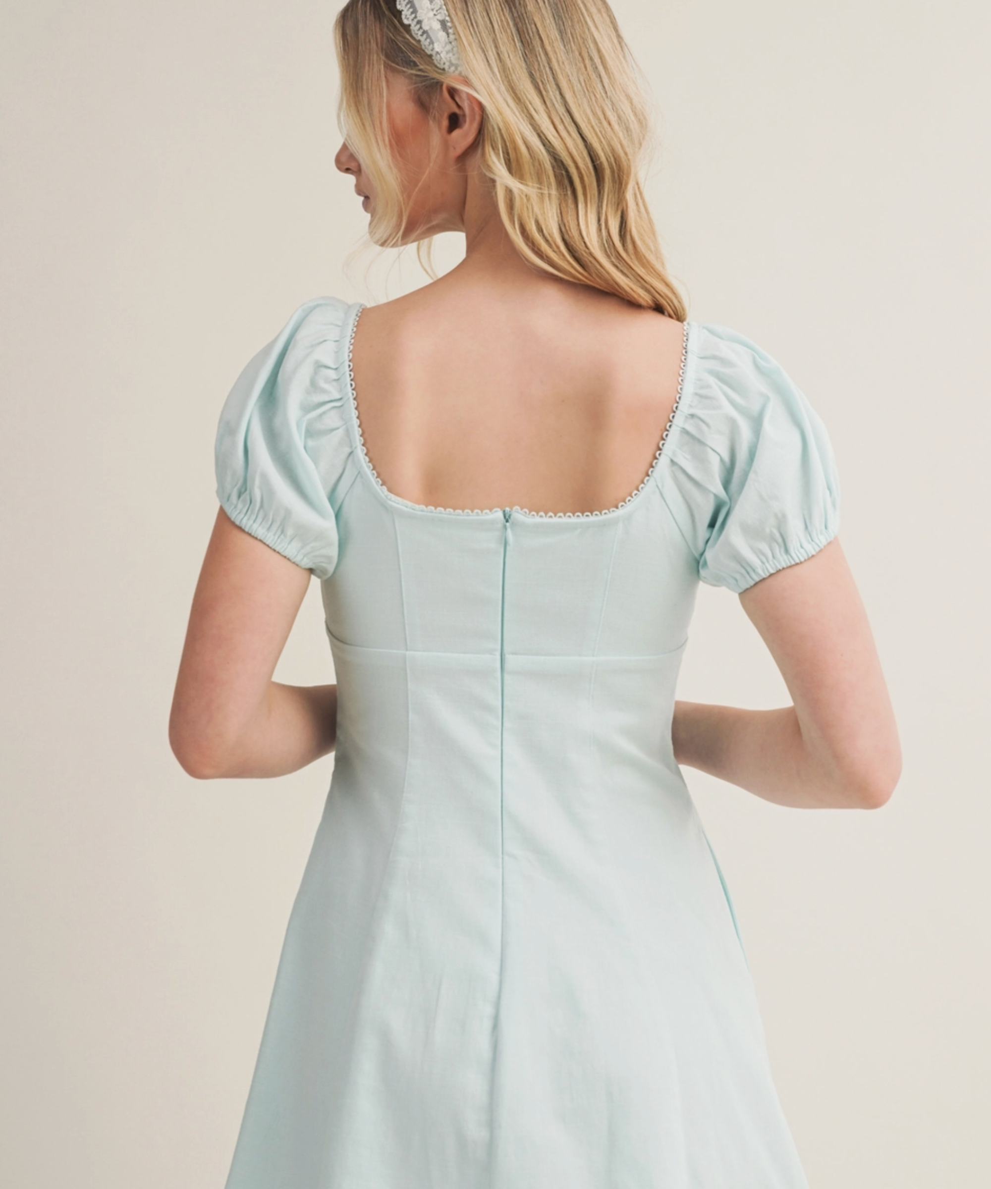 Picot Trim Puff Sleeve Dress
